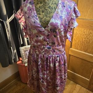 Molly Bracken Pink & Purple Floral Skater Dress, Breezy Ruffles and Gold Sparks